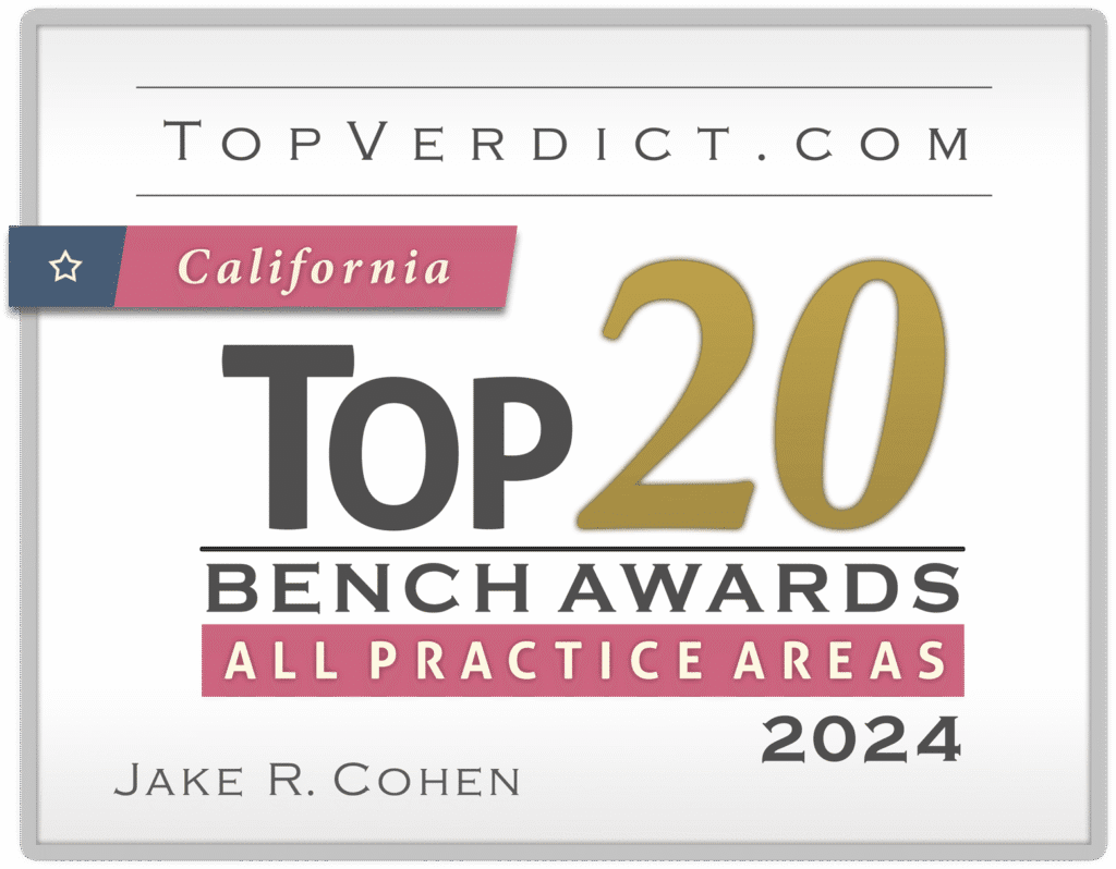 Award certificate for Jake R. Cohen, recognizing him as a 2024 Top 20 Bench Awards winner in all practice areas in California, issued by TopVerdict.com and proudly displayed above the Global Footer.