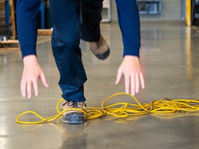 A person in a warehouse is experiencing a trip and fall accident, stumbling over a yellow extension cord on the floor with arms extended for balance.
