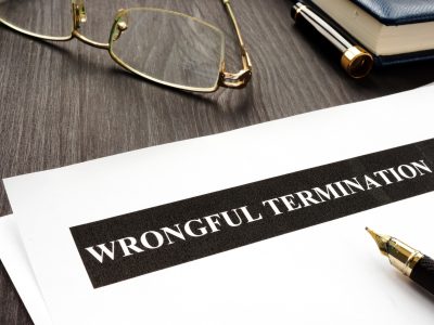 A document titled "Wrongful Termination" lies on a desk next to a pair of eyeglasses, a blue notebook, and a fountain pen, suggesting what to do if fired or wrongfully terminated is under careful consideration.
