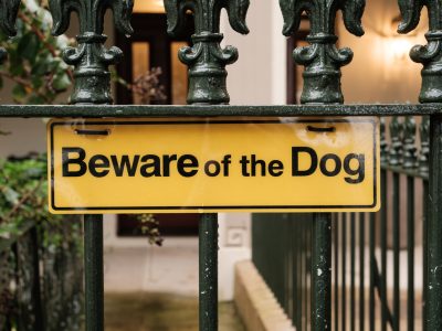 A yellow "Beware of the Dog" sign is attached to a black metal fence in front of a house entrance, highlighting awareness of dog bites and suing for dog bite attacks. The background shows a pathway and part of a building.