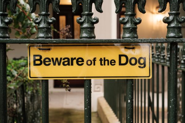 A yellow "Beware of the Dog" sign is attached to a black metal fence in front of a house entrance, highlighting awareness of dog bites and suing for dog bite attacks. The background shows a pathway and part of a building.