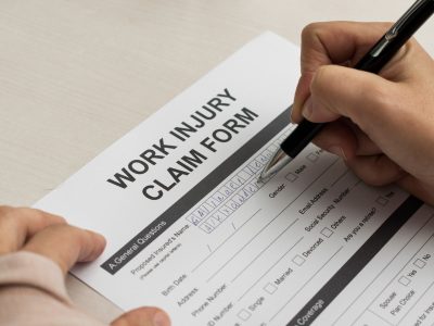 A person fills out a "Work Injury Claim Form" with a pen on a table, preparing to provide information about an injury for workplace compensation or a potential Workplace Injury Lawsuit.