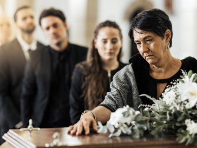 A woman stands by a coffin, resting her hand on it, engulfed in the somber atmosphere of mourning. As she reflects on the possibility of the Mishandling of Human Remains, white flowers adorn the coffin, reminiscent of past developments. In the background, black-clad mourners share her sorrowful vigil.